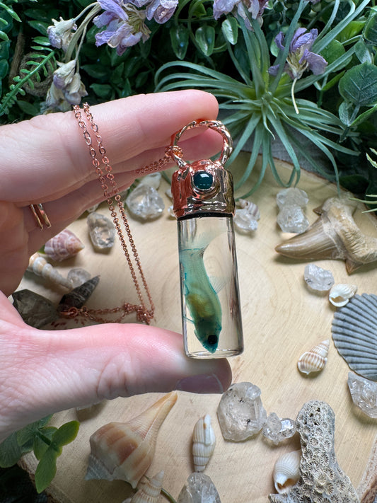 Green Agate and Minnow Oddity Vial Necklace