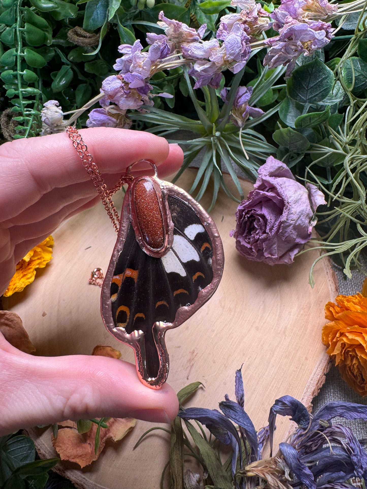 Goldstone and Butterfly Wing Necklace