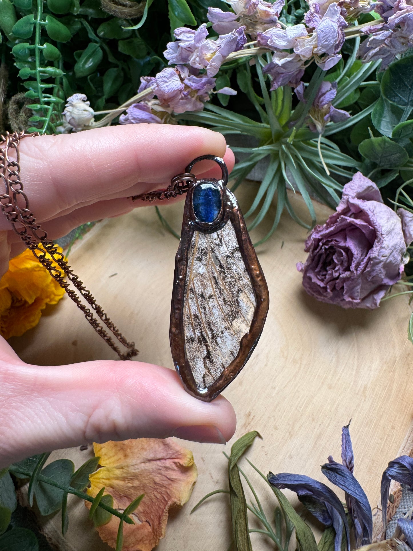 Blue Kyanite and Moth Wing Necklace