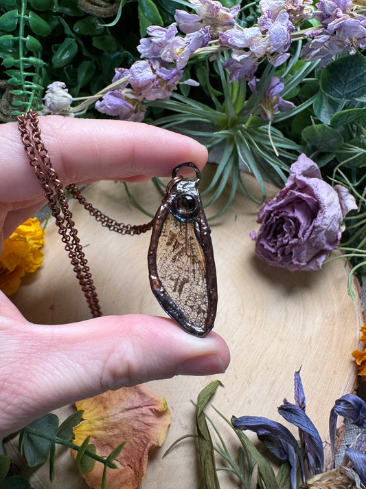 Smoky Quartz and Moth Wing Necklace