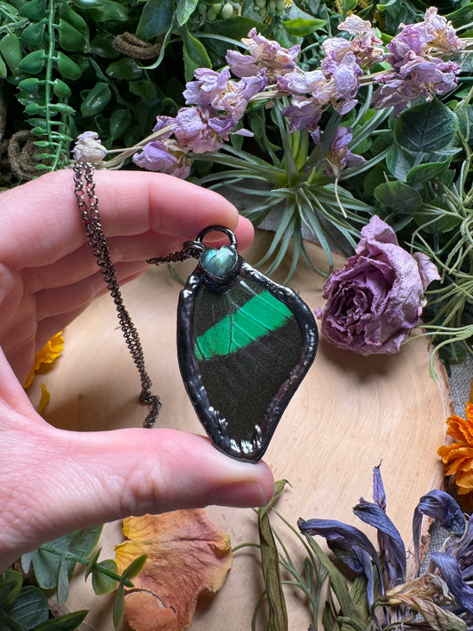 Labradorite Heart and Butterfly Wing Necklace