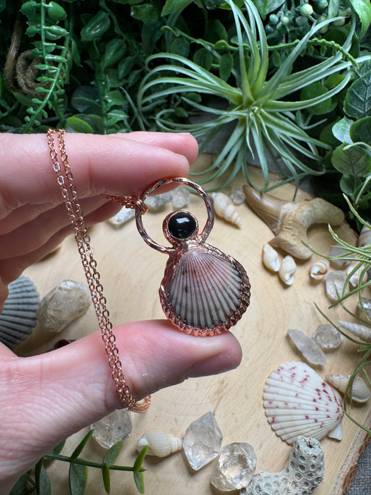 Obsidian and Scallop Shell Necklace