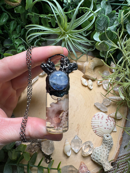 Moonstone Goddess, Coral, and Octopus Tentacle Oddity Vial Necklace
