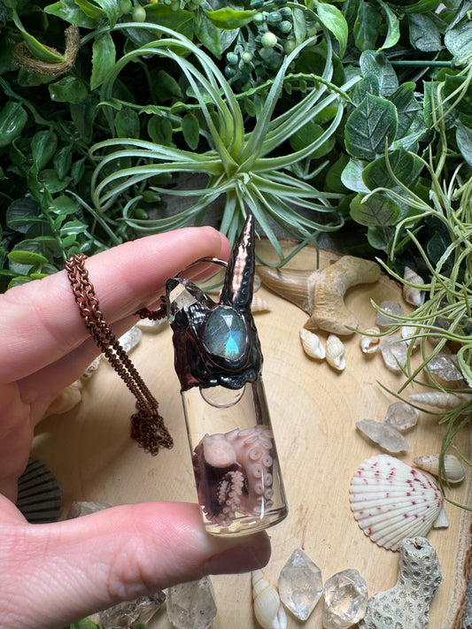 Labradorite, Shell, Quartz, and Octopus Tentacle Oddity Vial Necklace (Copy)