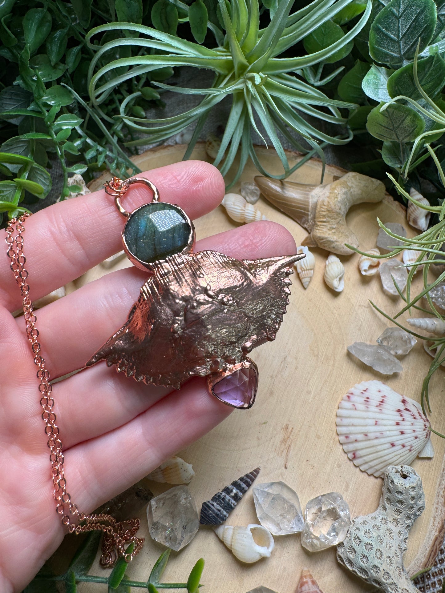 Labradorite, Amethyst, and Crab Shell Necklace