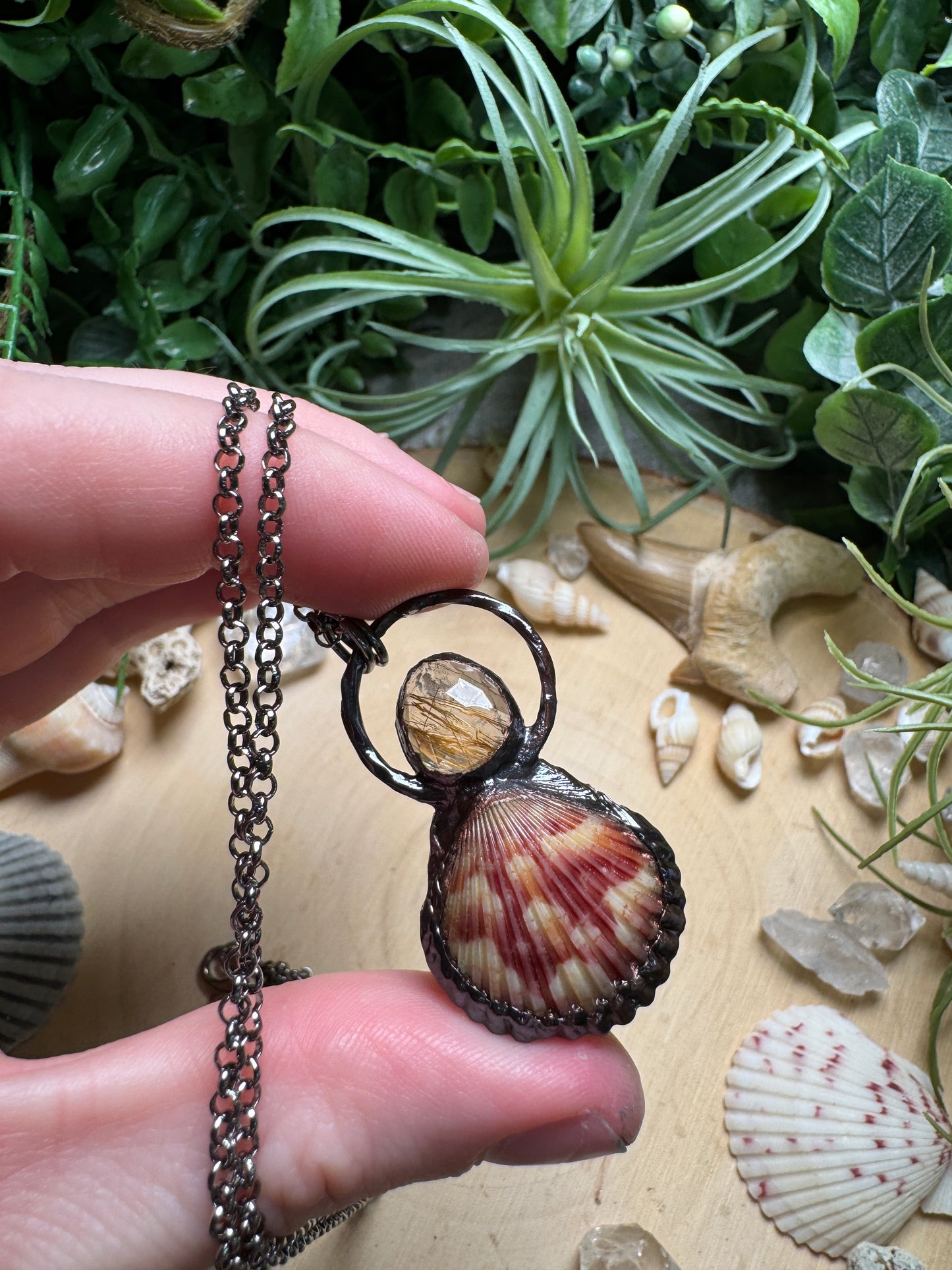 Golden Rutile Quartz and Scallop Shell Necklace