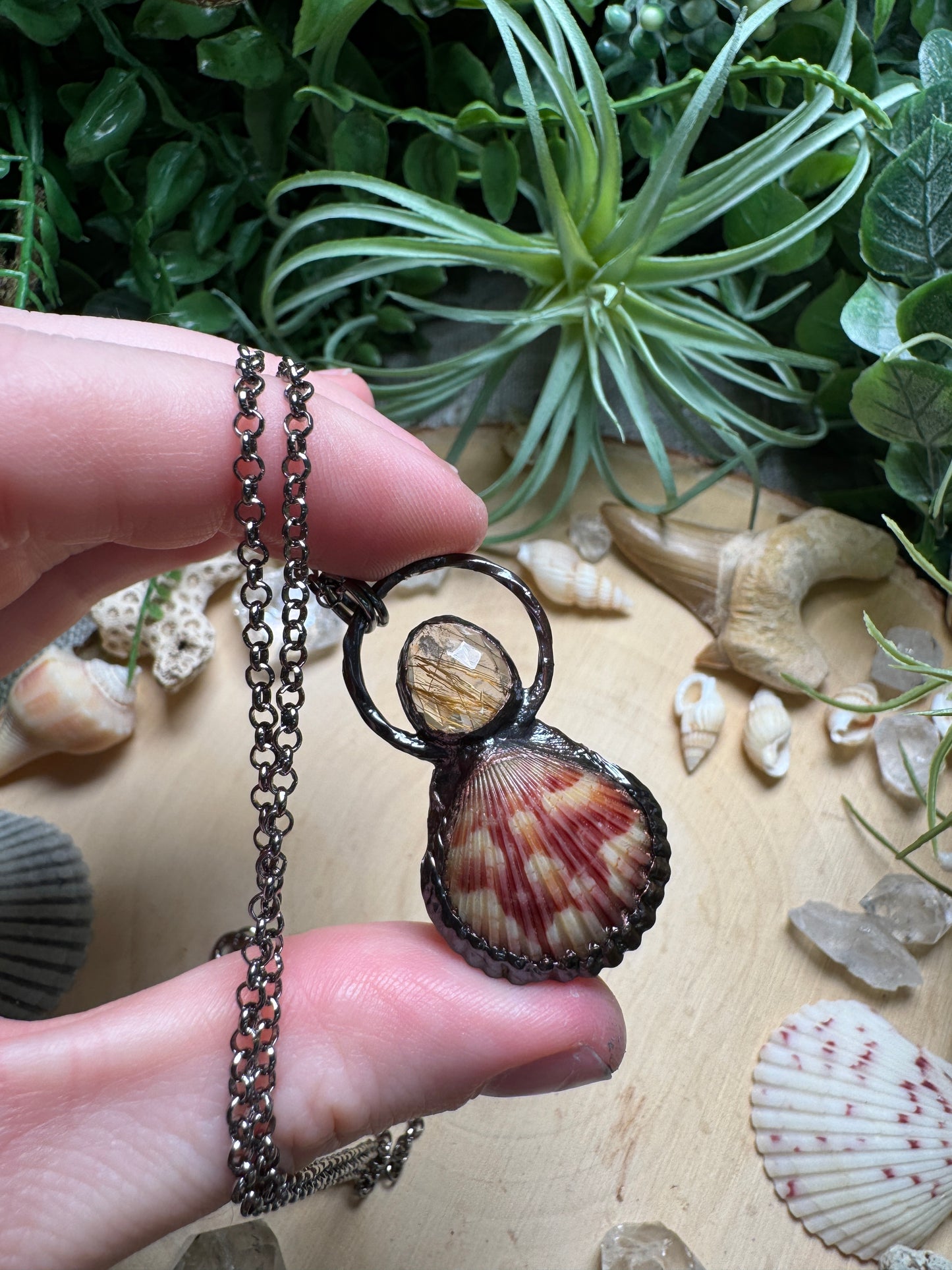 Golden Rutile Quartz and Scallop Shell Necklace