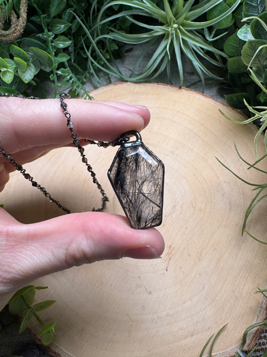 Black Rutile Quartz Coffin Necklace