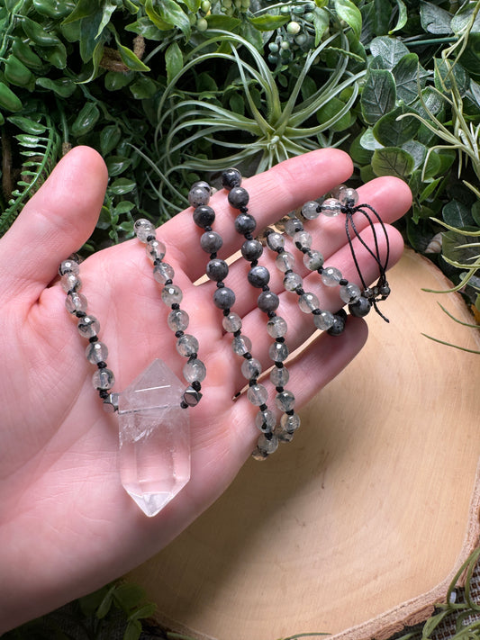 Clear Quartz Mala with Prehnite and Larvikite Beads (pre-loved)