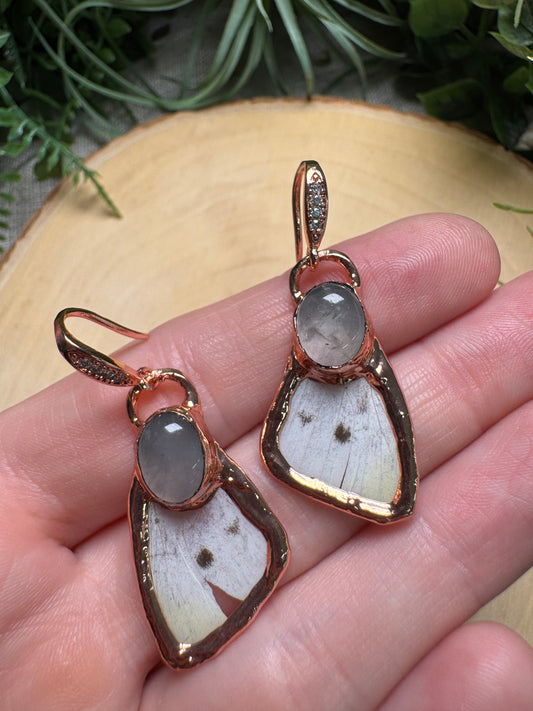 Rose Quartz and Moth Wing Earrings