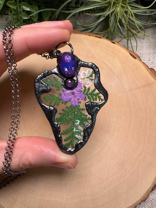 Enyalia- Resin Face, Amethyst, and Flower Necklace