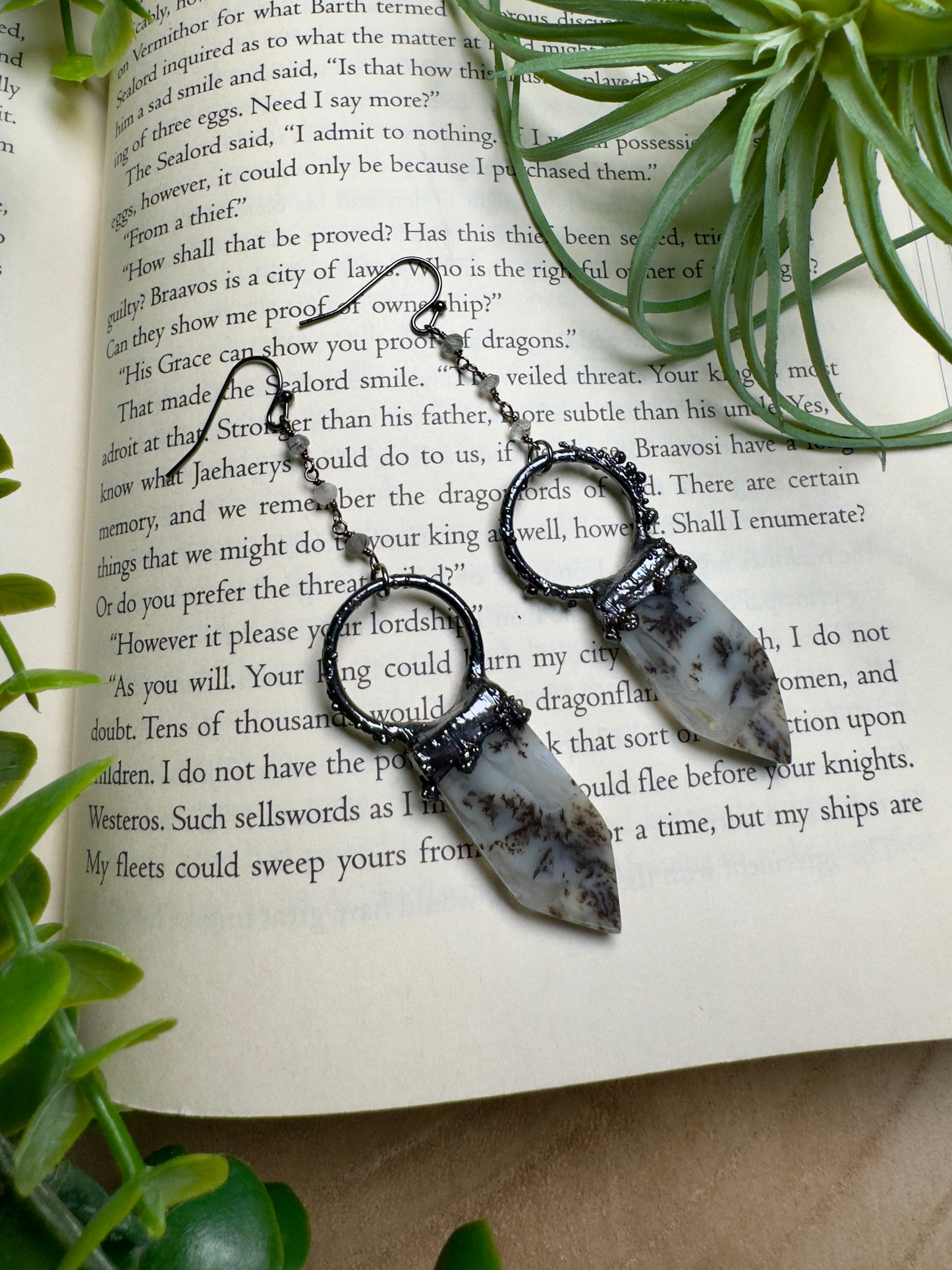 Dendritic Jade and Black Rutile Quartz Dangle Earrings