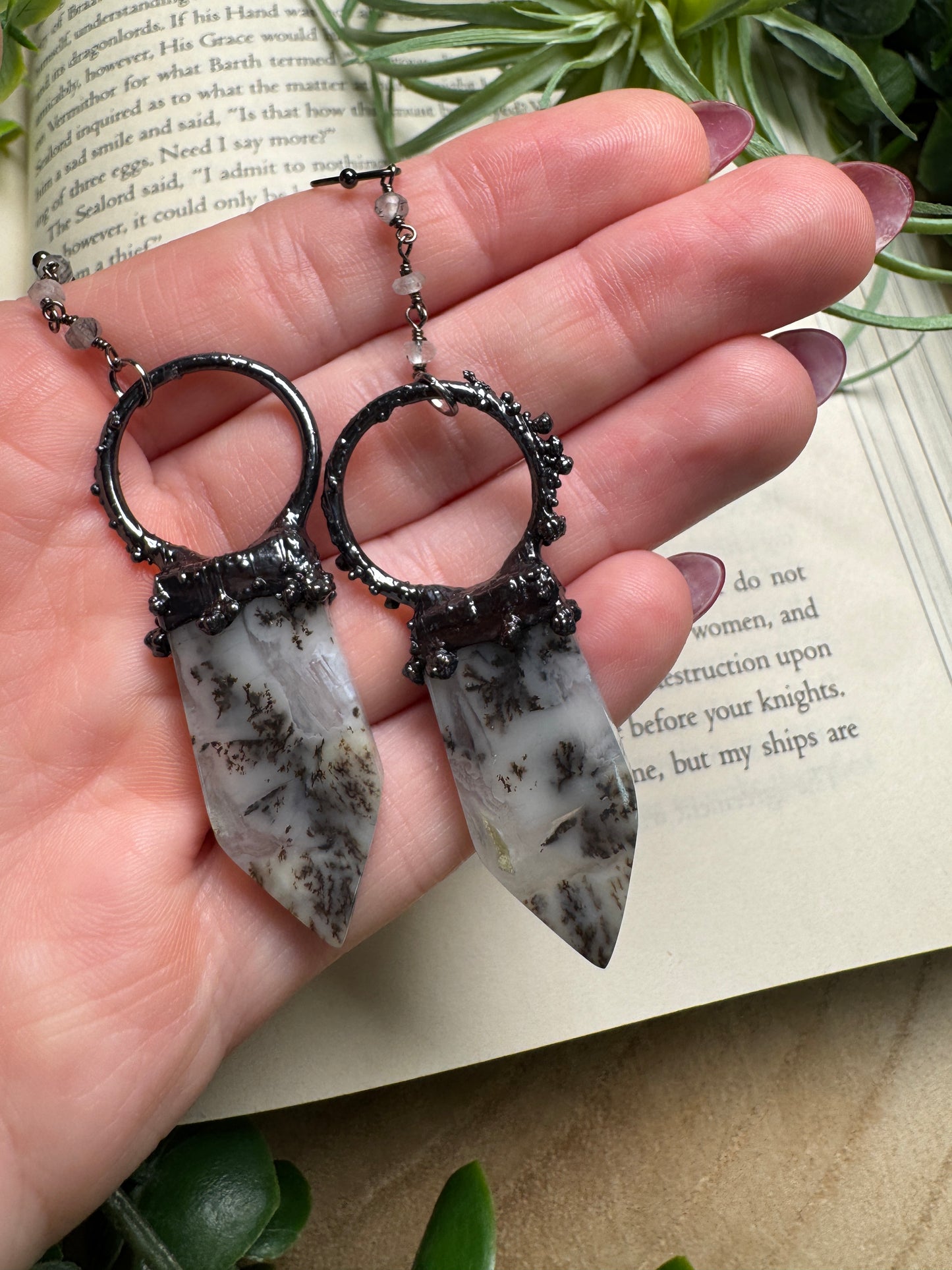 Dendritic Jade and Black Rutile Quartz Dangle Earrings