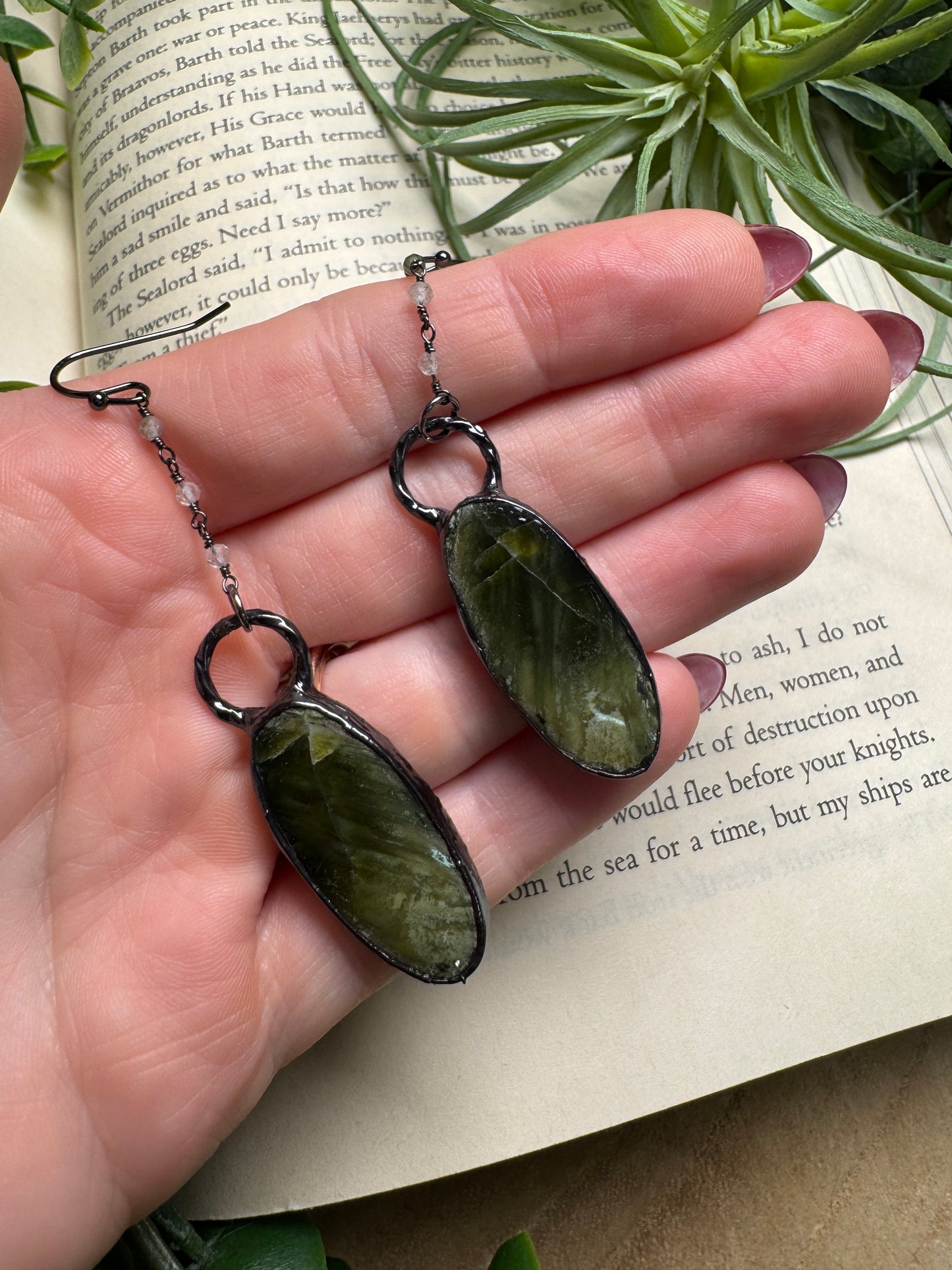 Serpentine and Quartz Dangle Earrings