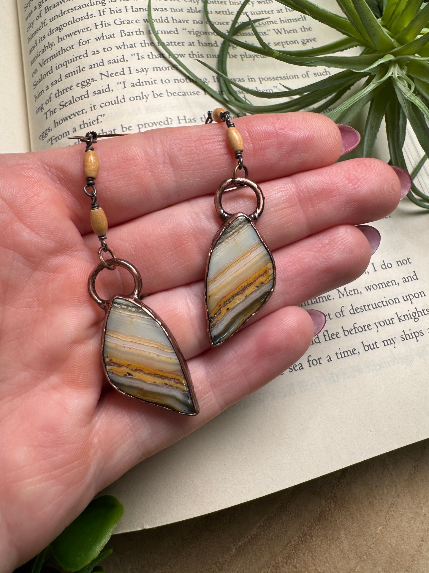 Crazy Lace Agate and Wood Dangle Earrings