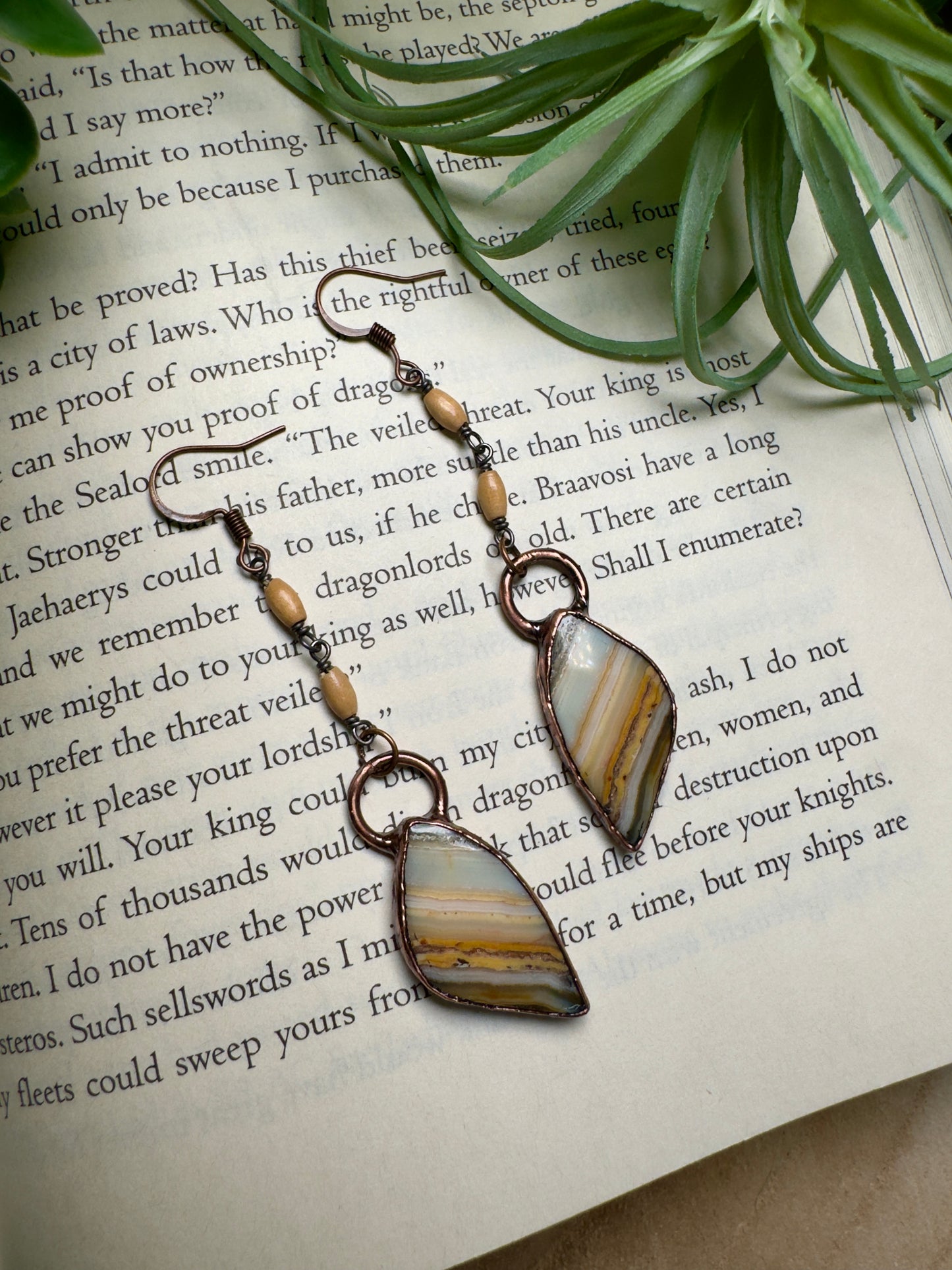 Crazy Lace Agate and Wood Dangle Earrings