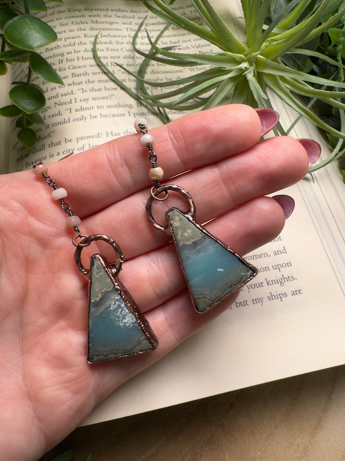 Amazonite and Pink Opal Dangle Earrings