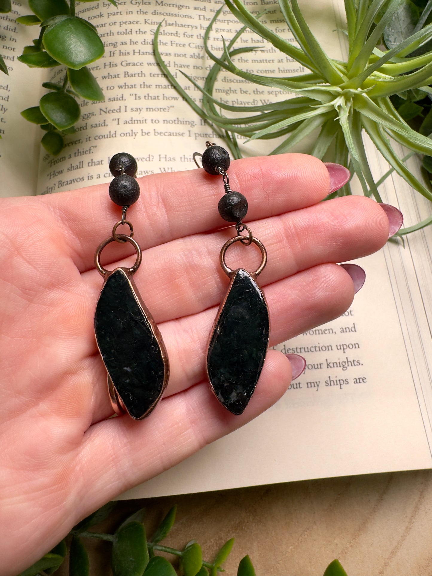 Moss Agate and Lava Stone Dangle Earrings