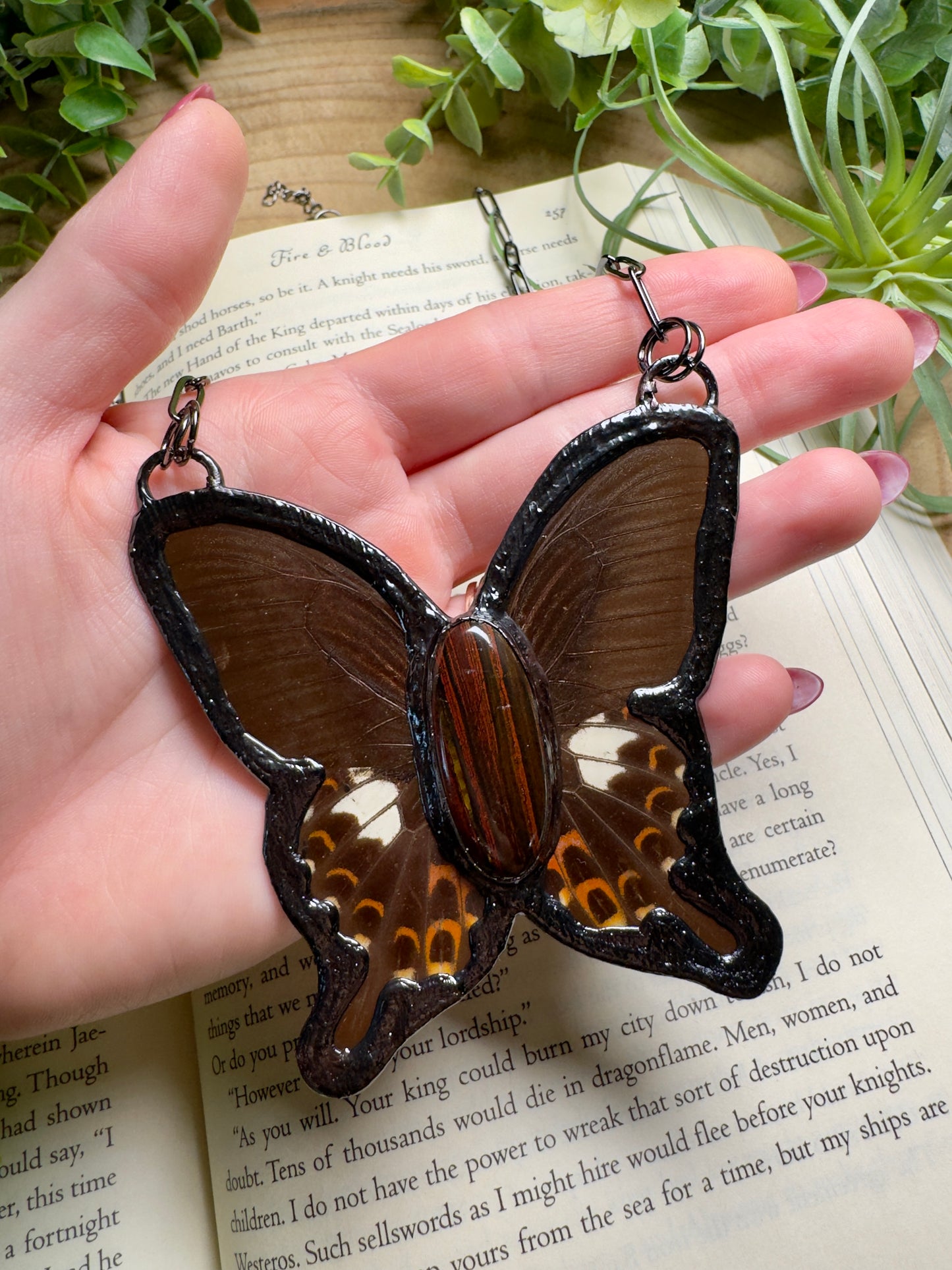 Iron Tigers Eye and Butterfly Wing Statement Necklace
