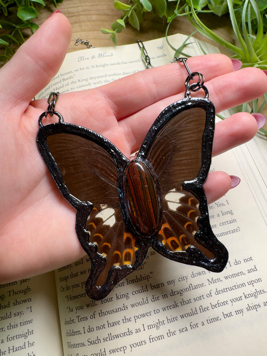 Iron Tigers Eye and Butterfly Wing Statement Necklace