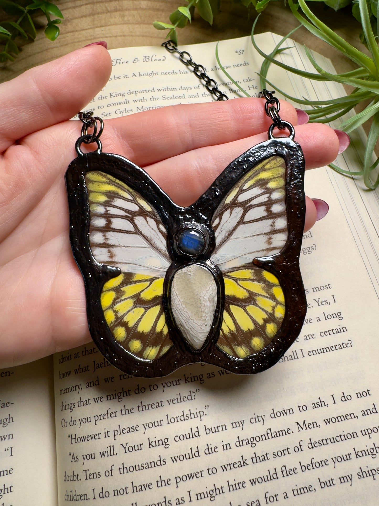 Labradorite and Fossilized Coral and Butterfly Wing Statement Necklace