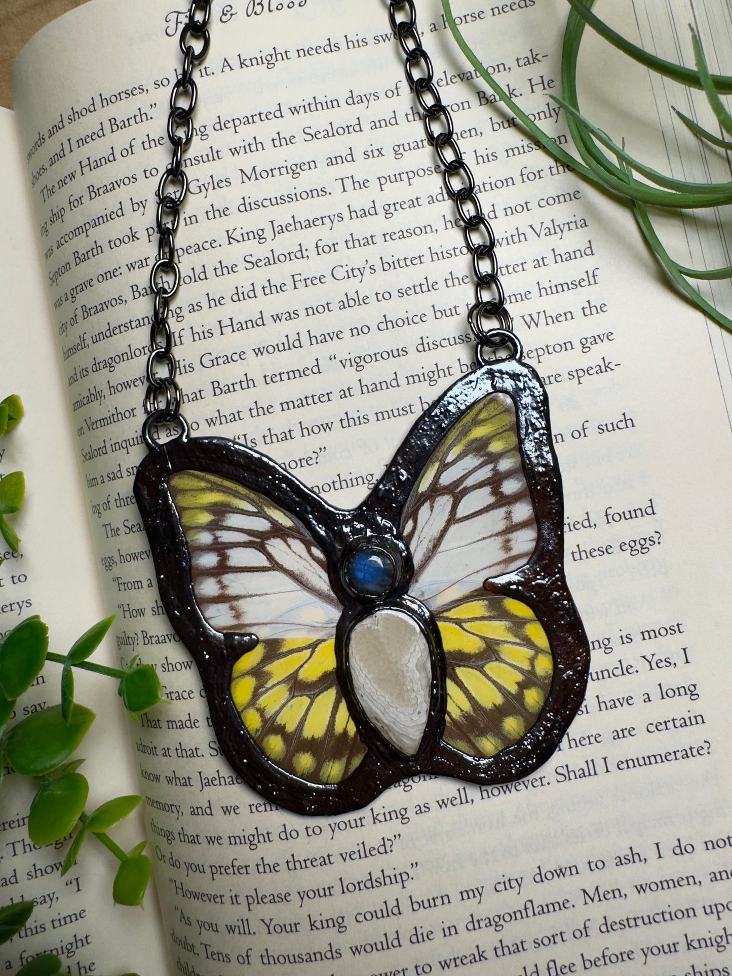Labradorite and Fossilized Coral and Butterfly Wing Statement Necklace