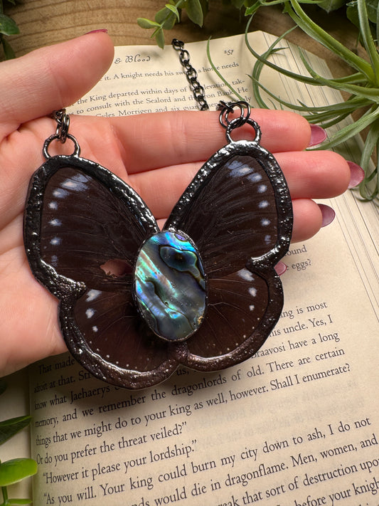 Abalone Shell and Butterfly Wing Statement Necklace