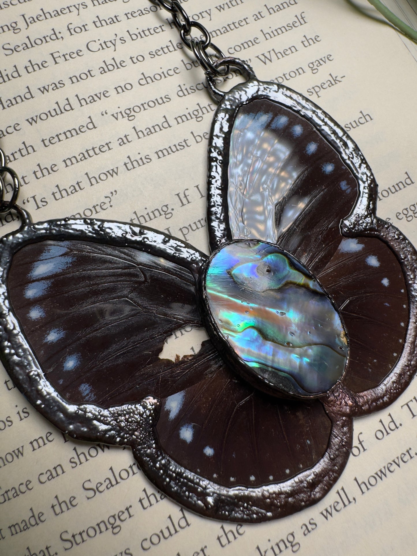 Abalone Shell and Butterfly Wing Statement Necklace