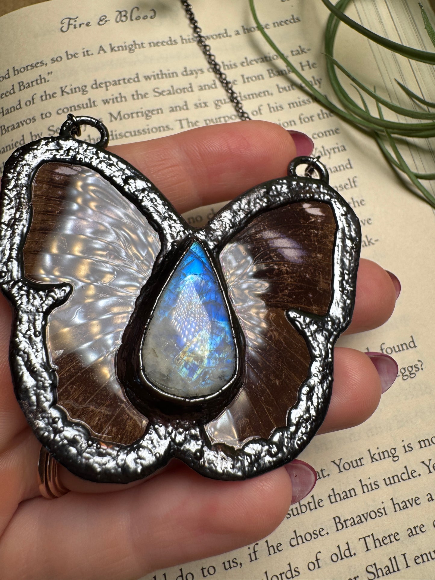 Moonstone and Butterfly Wing Statement Necklace
