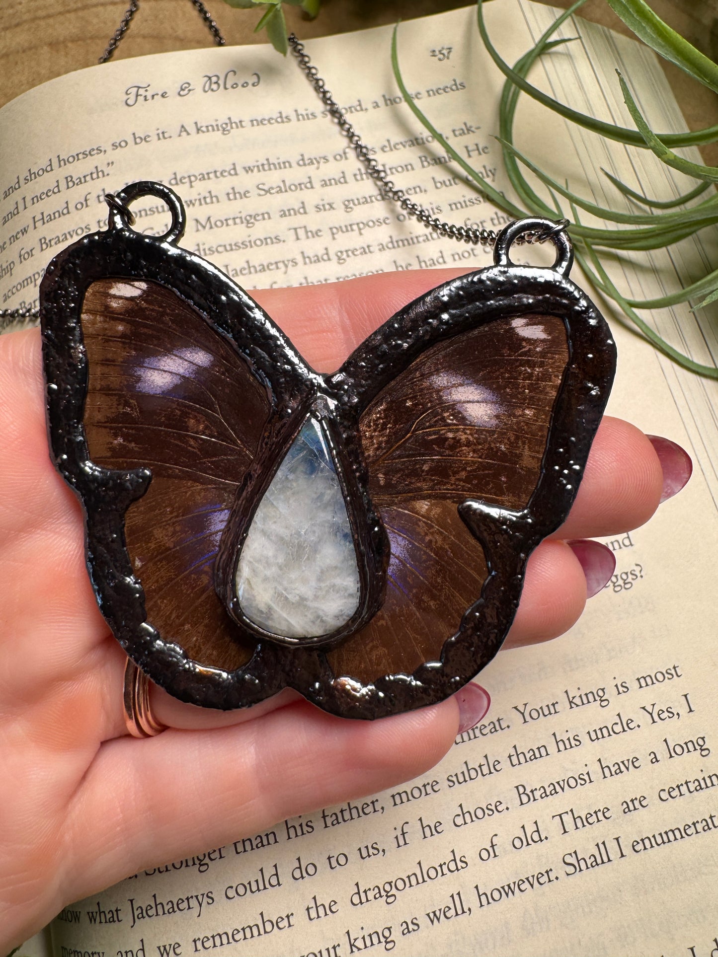 Moonstone and Butterfly Wing Statement Necklace