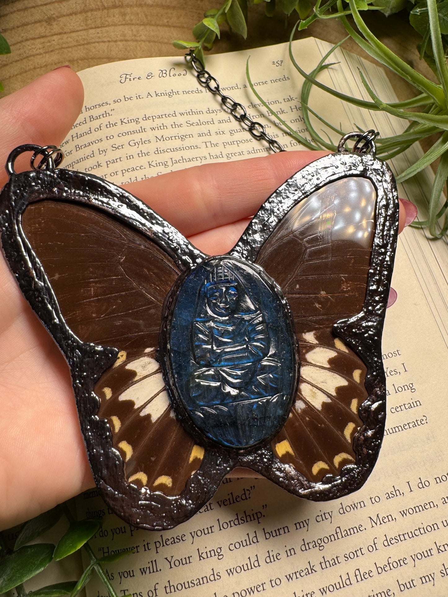 Labradorite Buddha and Butterfly Wing Statement Necklace