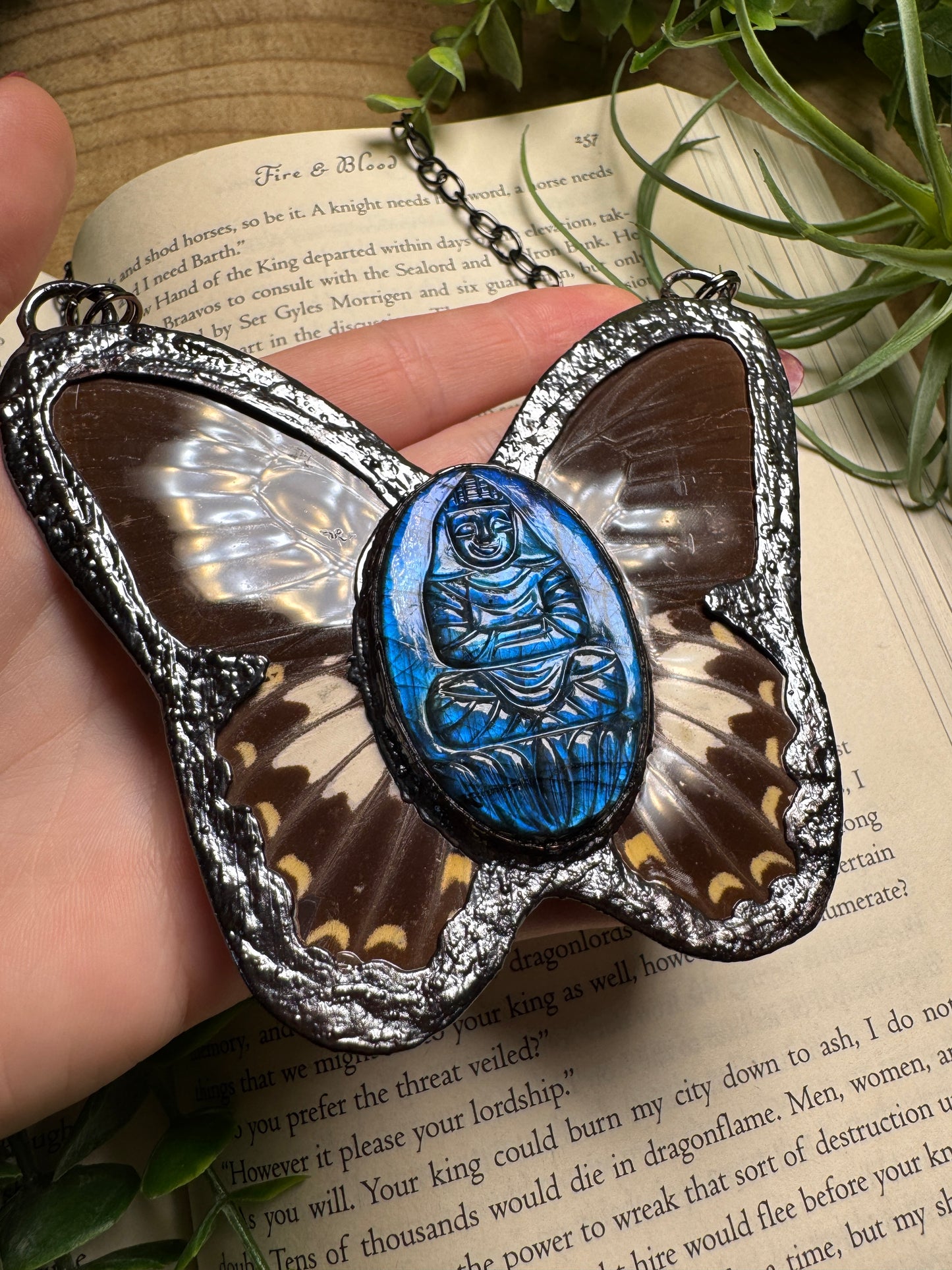 Labradorite Buddha and Butterfly Wing Statement Necklace