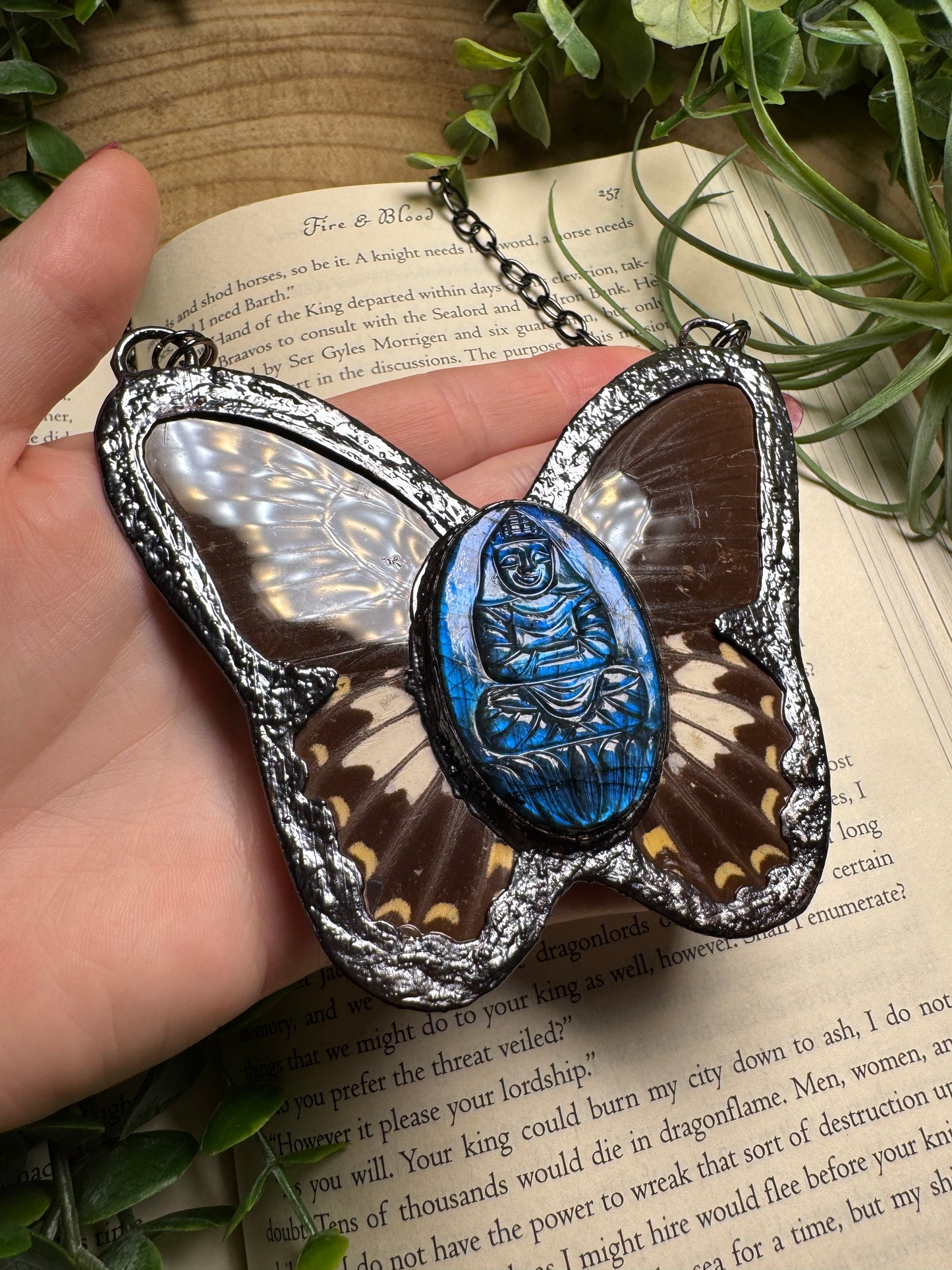 Labradorite Buddha and Butterfly Wing Statement Necklace