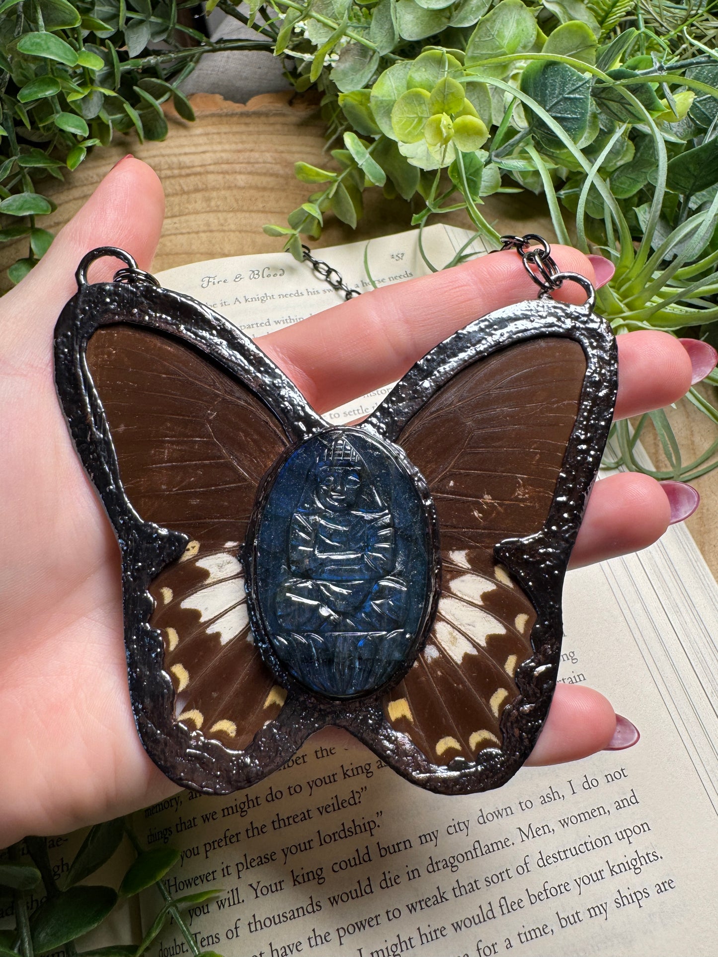 Labradorite Buddha and Butterfly Wing Statement Necklace