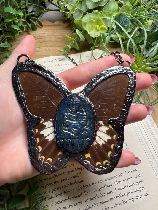 Labradorite Buddha and Butterfly Wing Statement Necklace