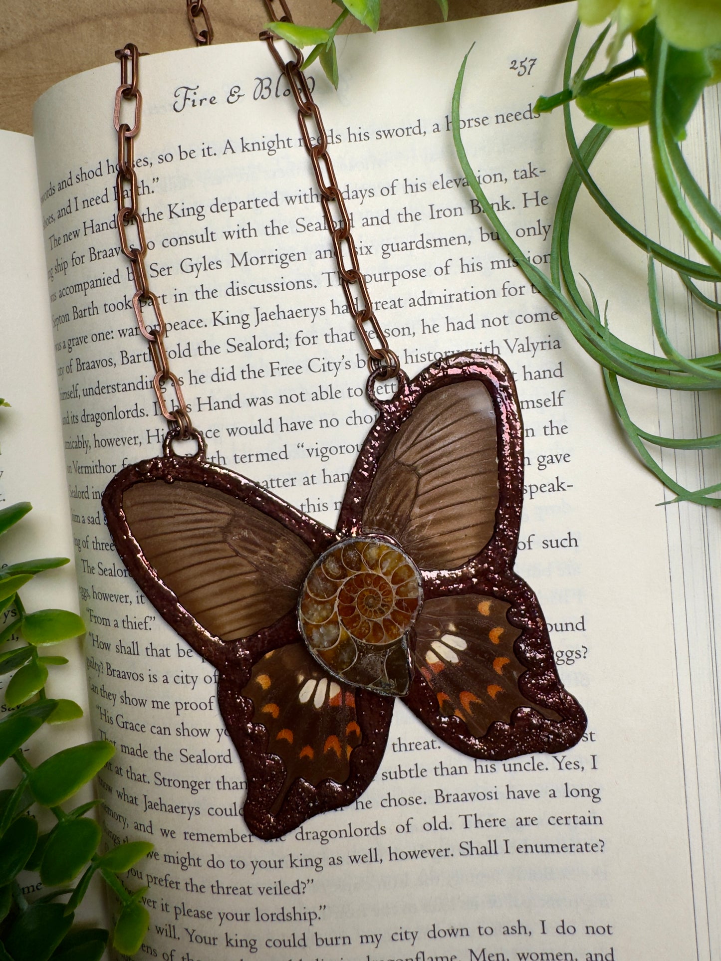 Ammonite Fossil and Butterfly Wing Statement Necklace