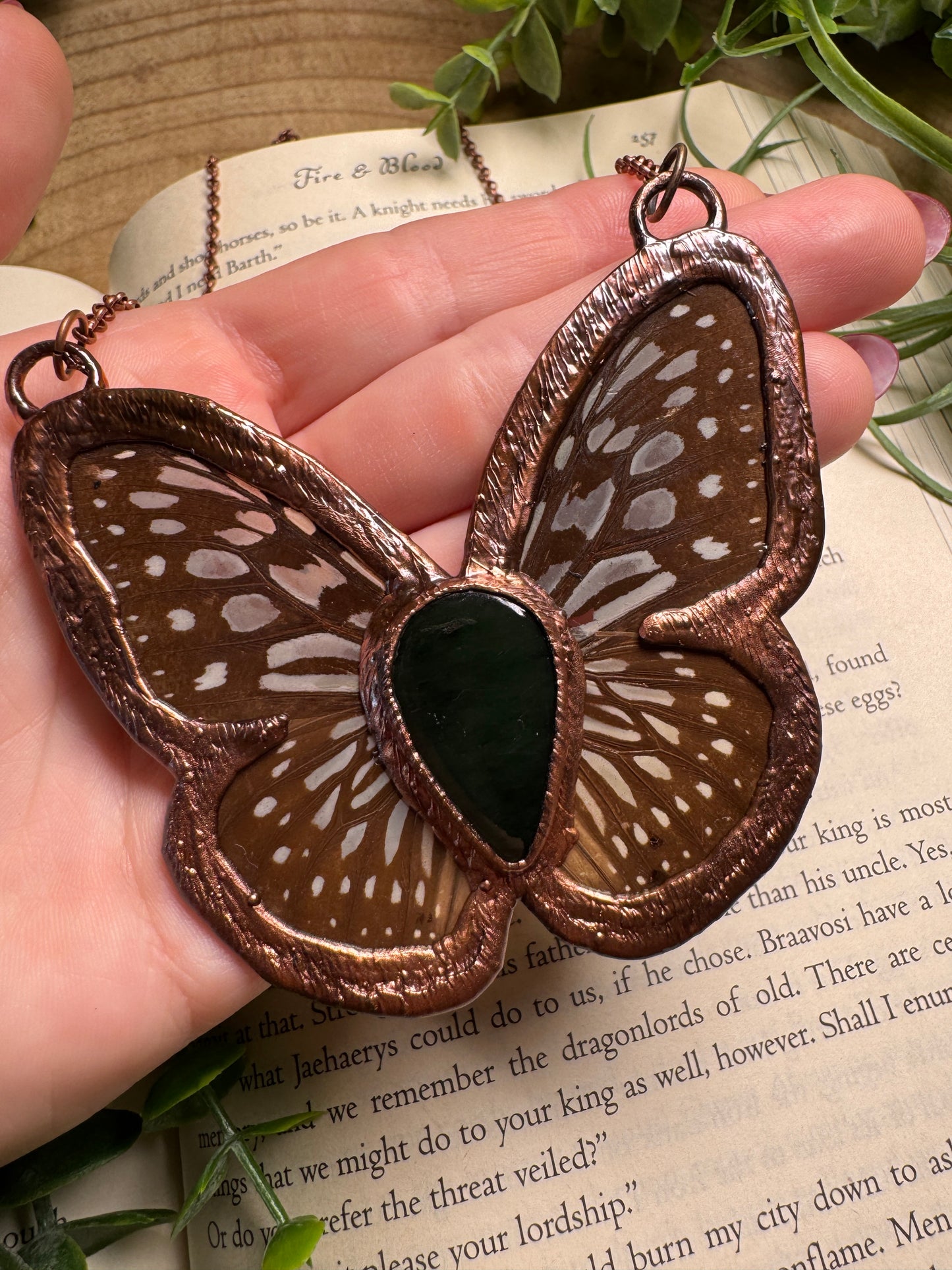 Green Agate and Butterfly Wing Statement Necklace