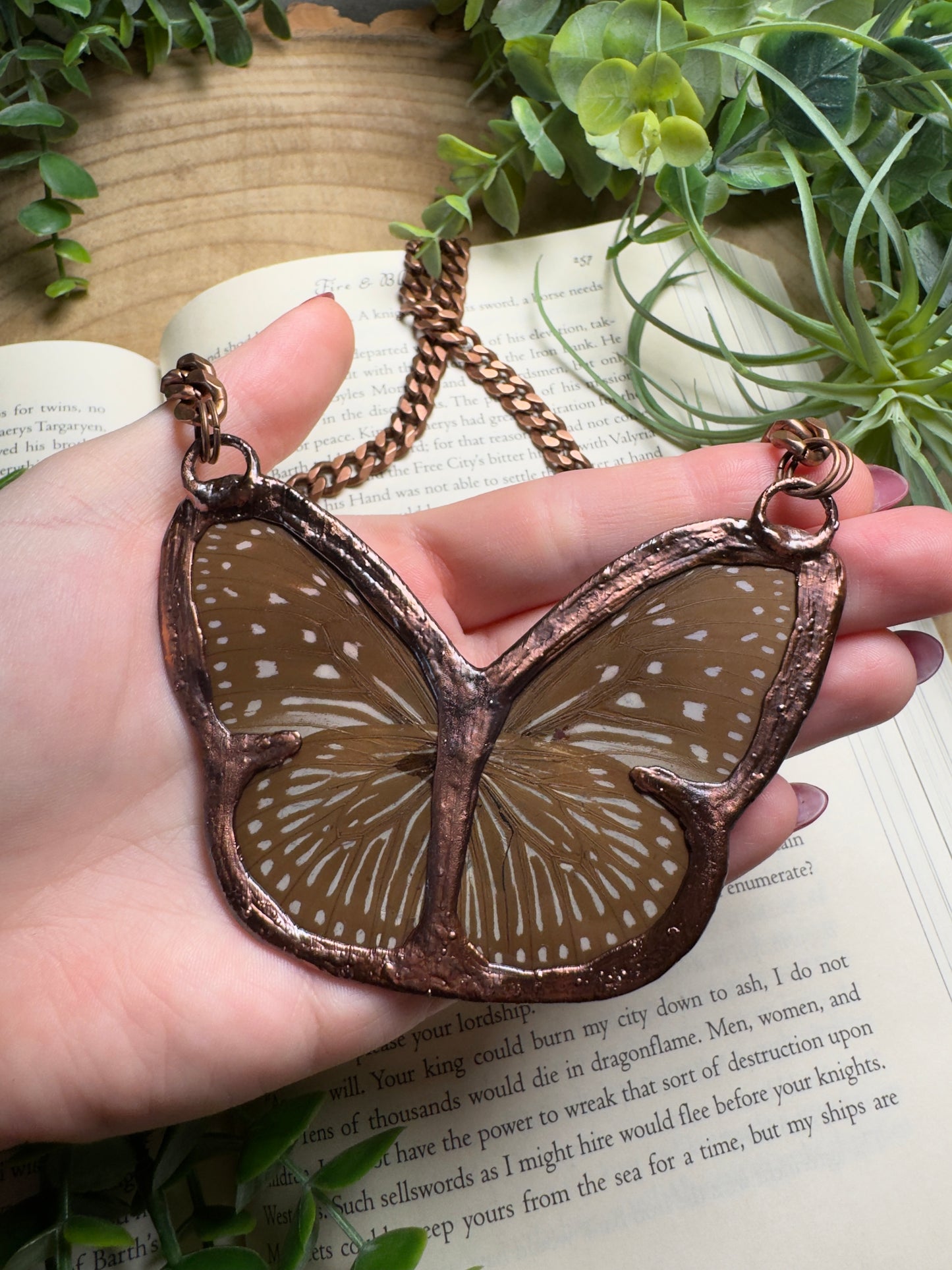 Blue Tigers Eye and Butterfly Wing Statement Necklace