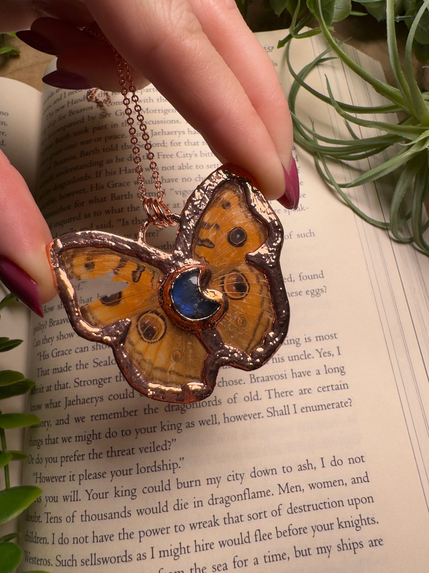 Moonstone Moon and Butterfly Wing Statement Necklace