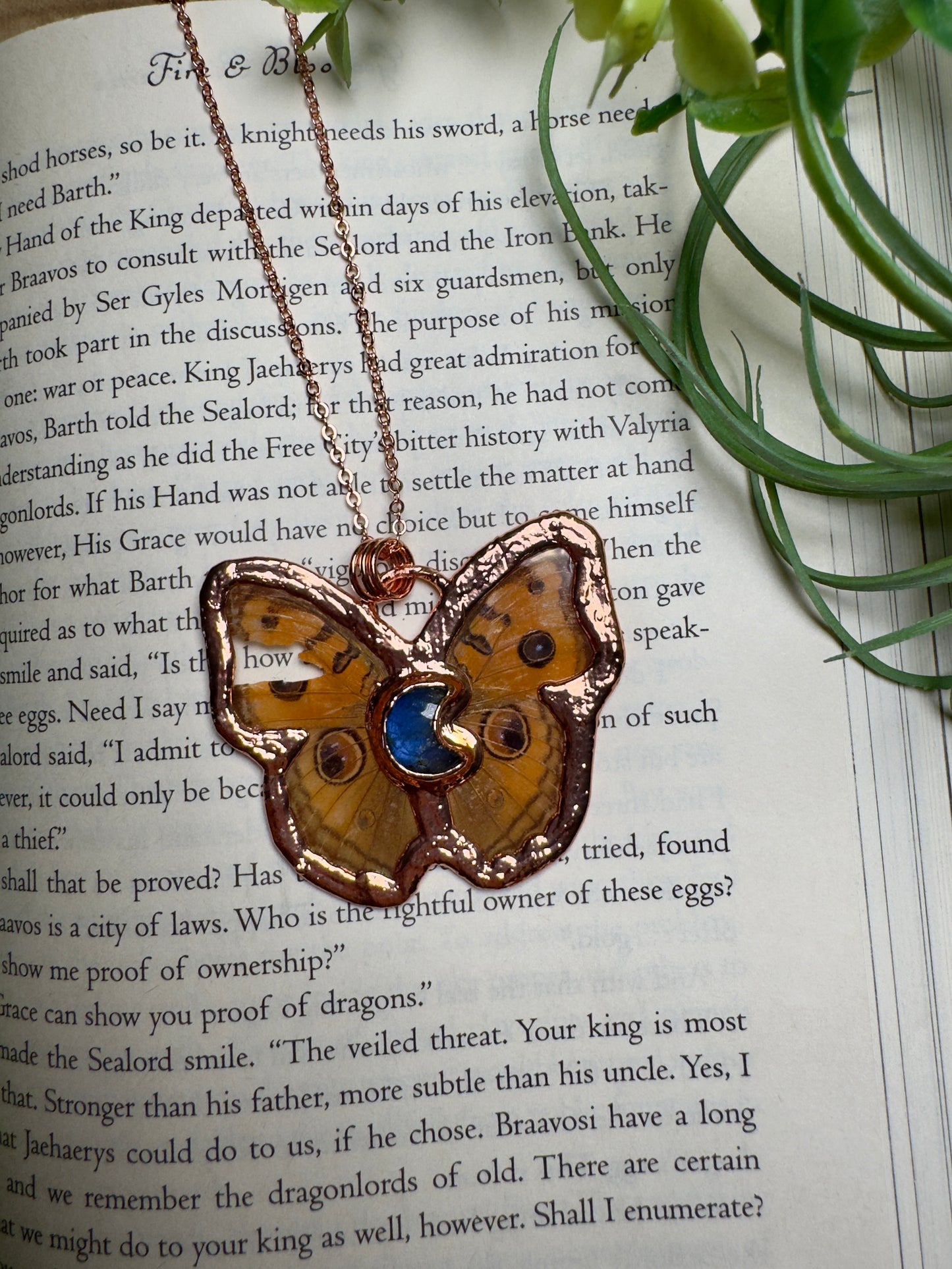 Moonstone Moon and Butterfly Wing Statement Necklace