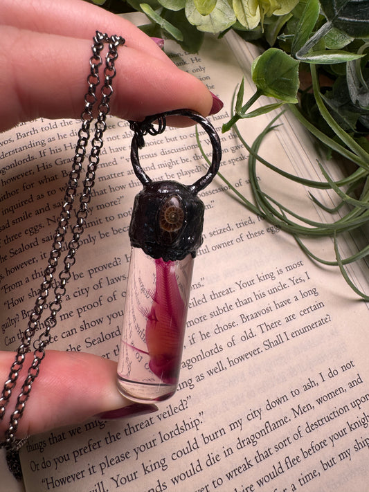 Diaphonized Minnow Wet Specimen with Ammonite Fossil Necklace