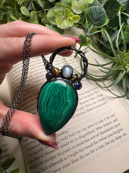 Dark Princess Necklace with Malachite, Moonstone, Tigers Eye, and Lapis