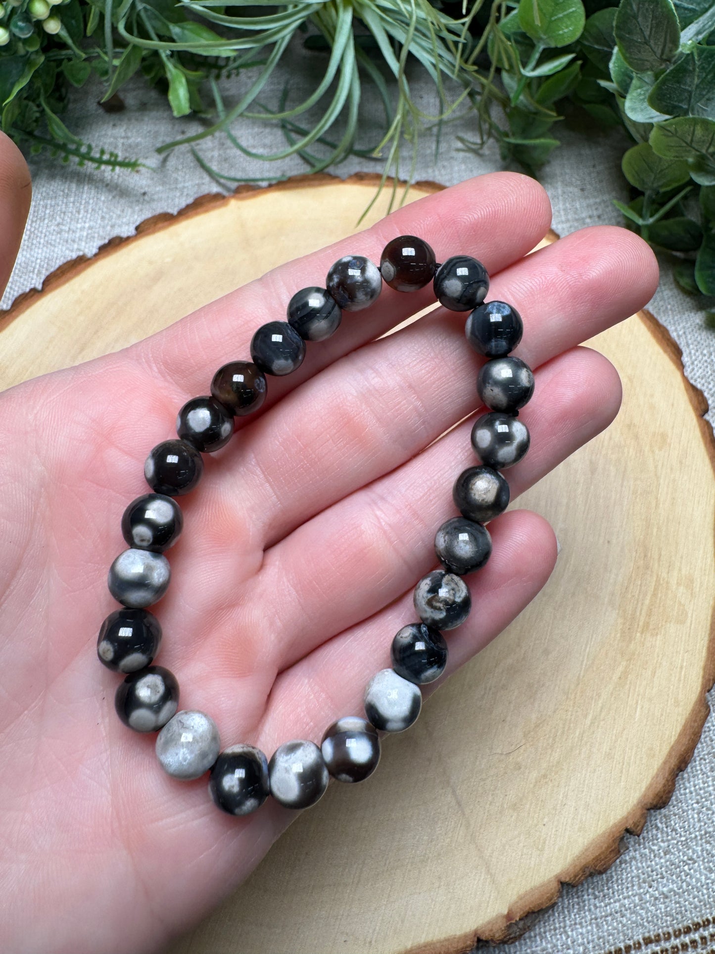 Black Flower Agate 8mm Beaded Bracelet