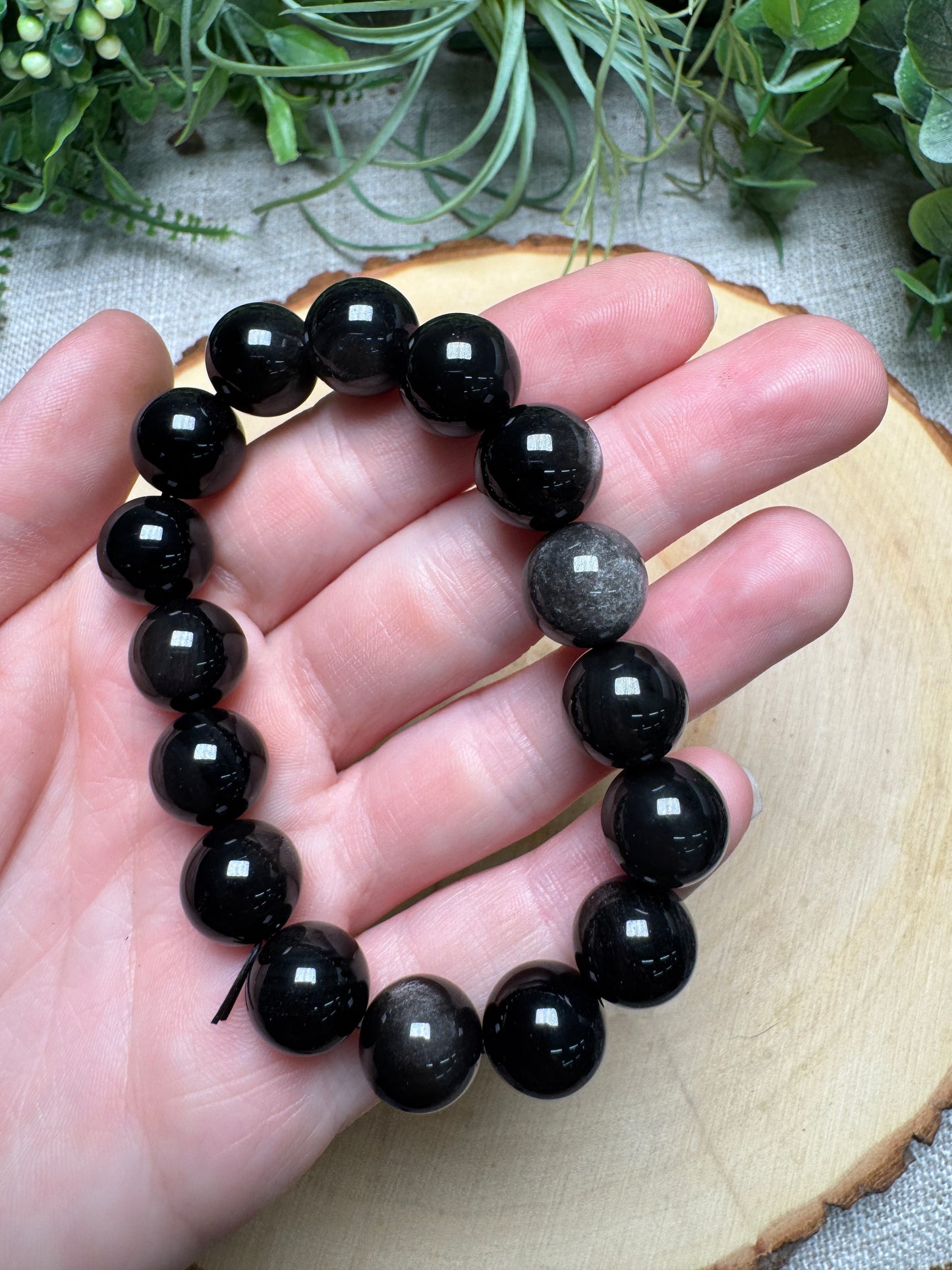 Silver Sheen Obsidian 12mm Beaded Bracelet
