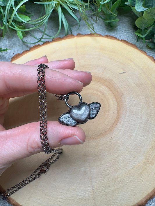 Silver Sheen Obsidian Heart with Wings Necklace