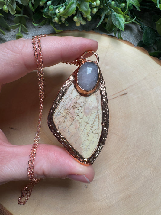 Imperial Moth Wing and Rose Quartz Necklace