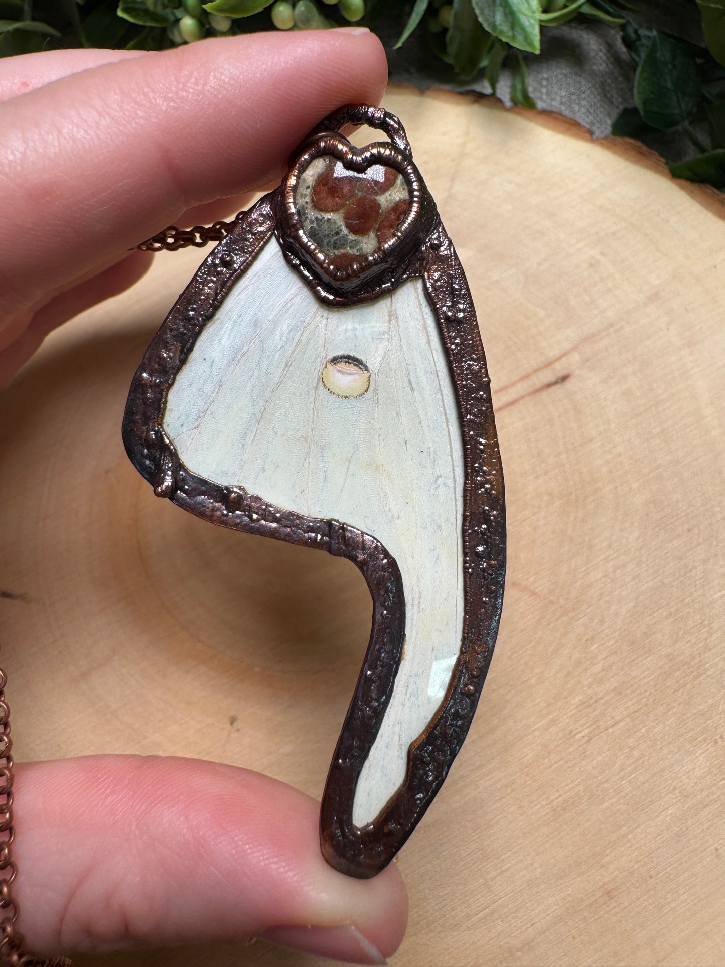 Luna Moth Wing and Rainforest Jasper Heart Necklace
