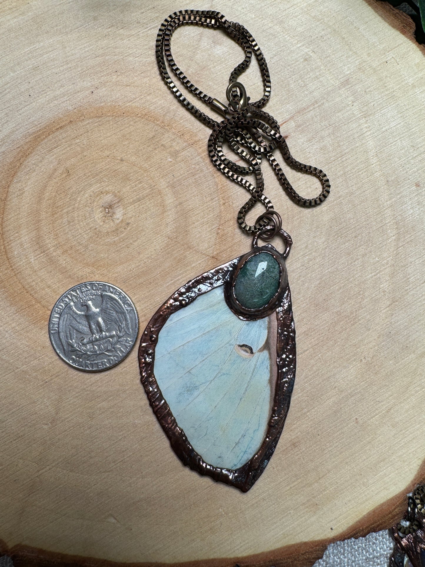 Luna Moth Wing and Moss Agate Necklace