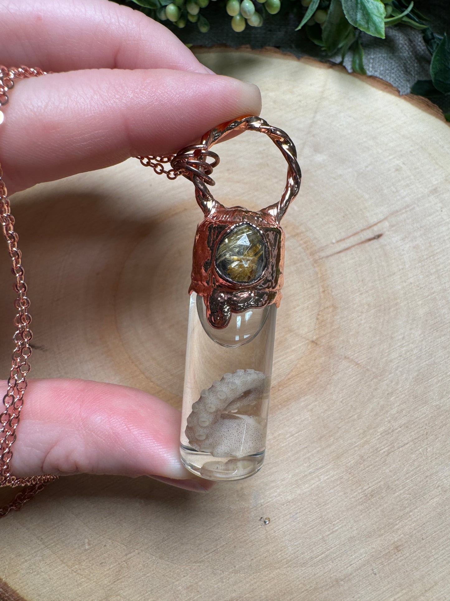 Octopus Tentacle Wet Specimen and Gold Rutile Quartz Necklace