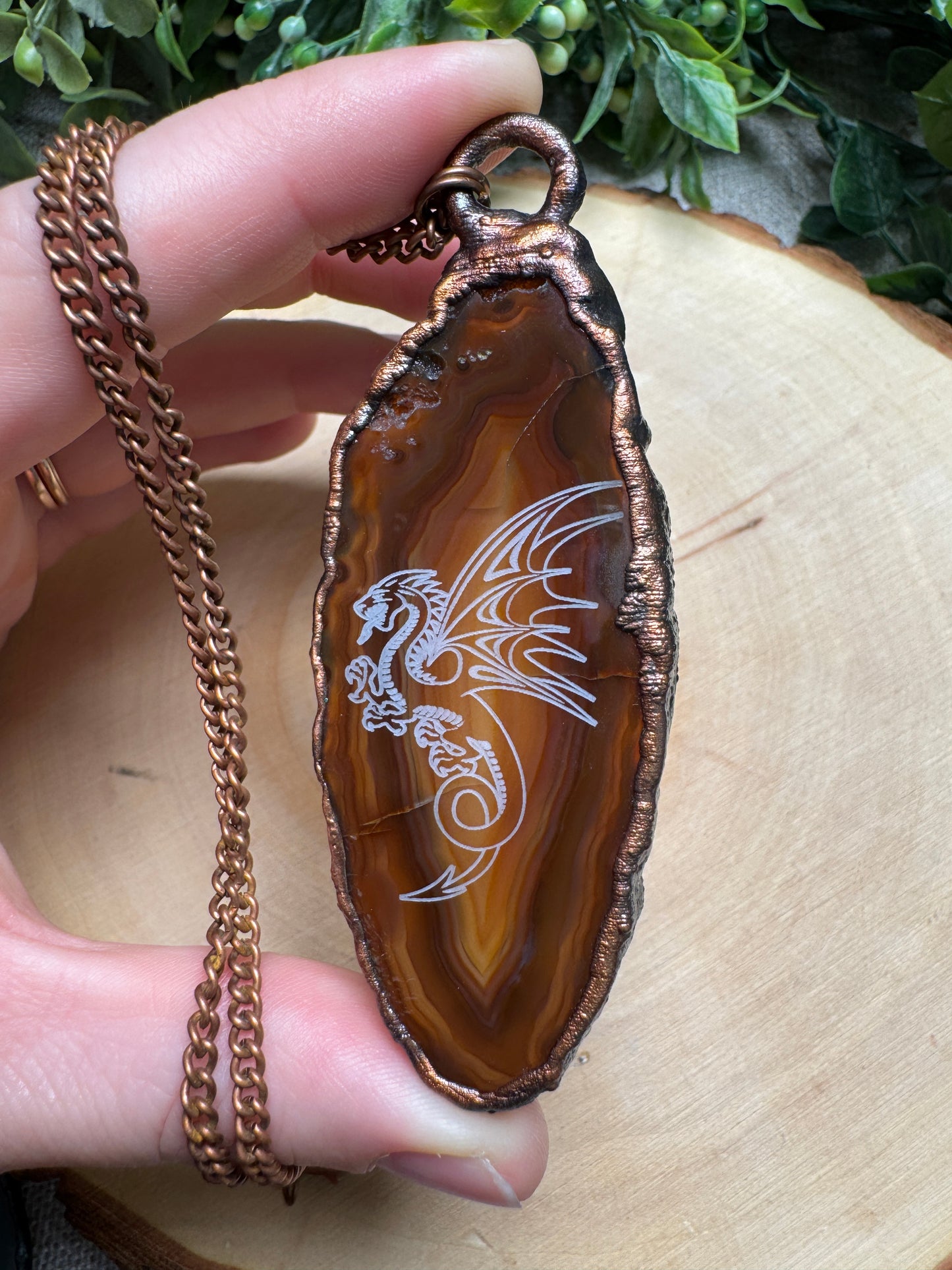 Dragon Engraved Agate Slice Necklace